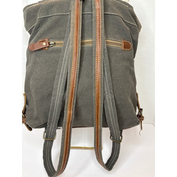 Myra Bag Cowhide Hair On Hide Floral Canvas Backpack Brown White Gray Boho - Picture 5 of 7